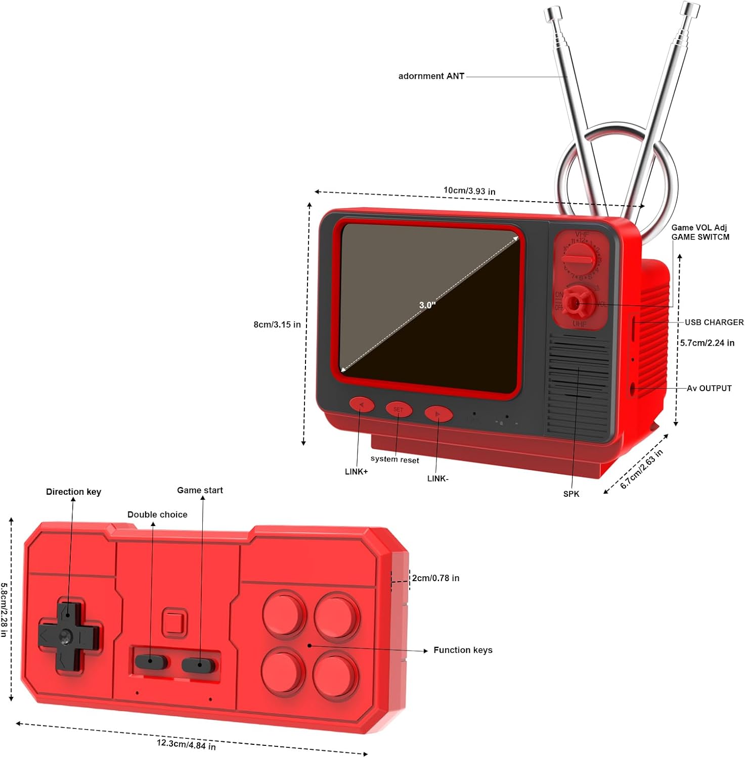 EASEGMER Handheld Games - GV300S 168 Classic Retro Video Game with 3.0 Inch Screen Electronic Mini TV Style Support Connecting TV and Two Players (Red)