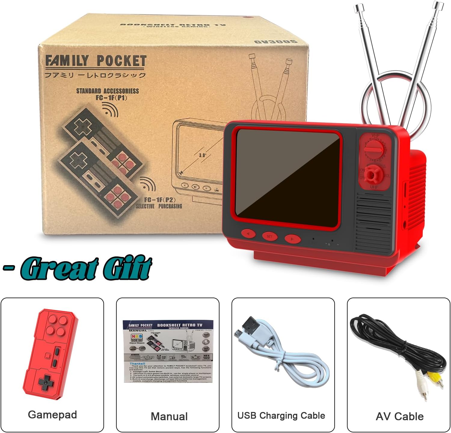 EASEGMER Handheld Games - GV300S 168 Classic Retro Video Game with 3.0 Inch Screen Electronic Mini TV Style Support Connecting TV and Two Players (Red)