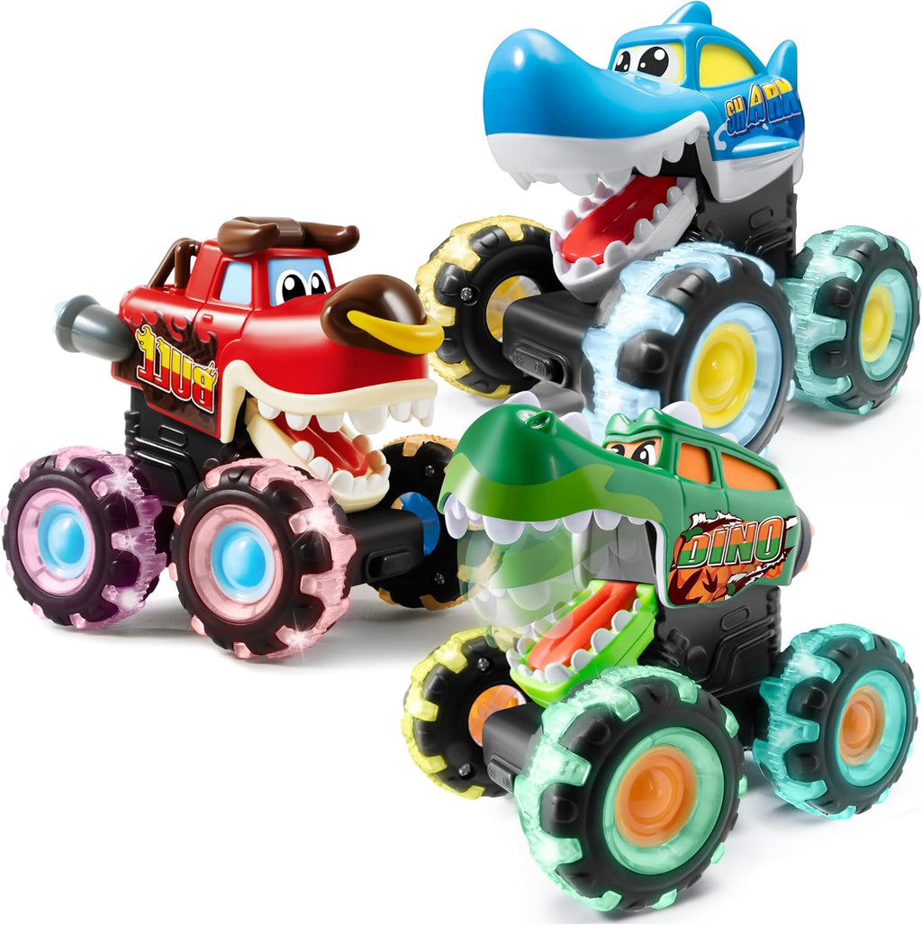 3 Pack Monster Truck Toy - Motion Activated Light-Up Cars for Toddlers