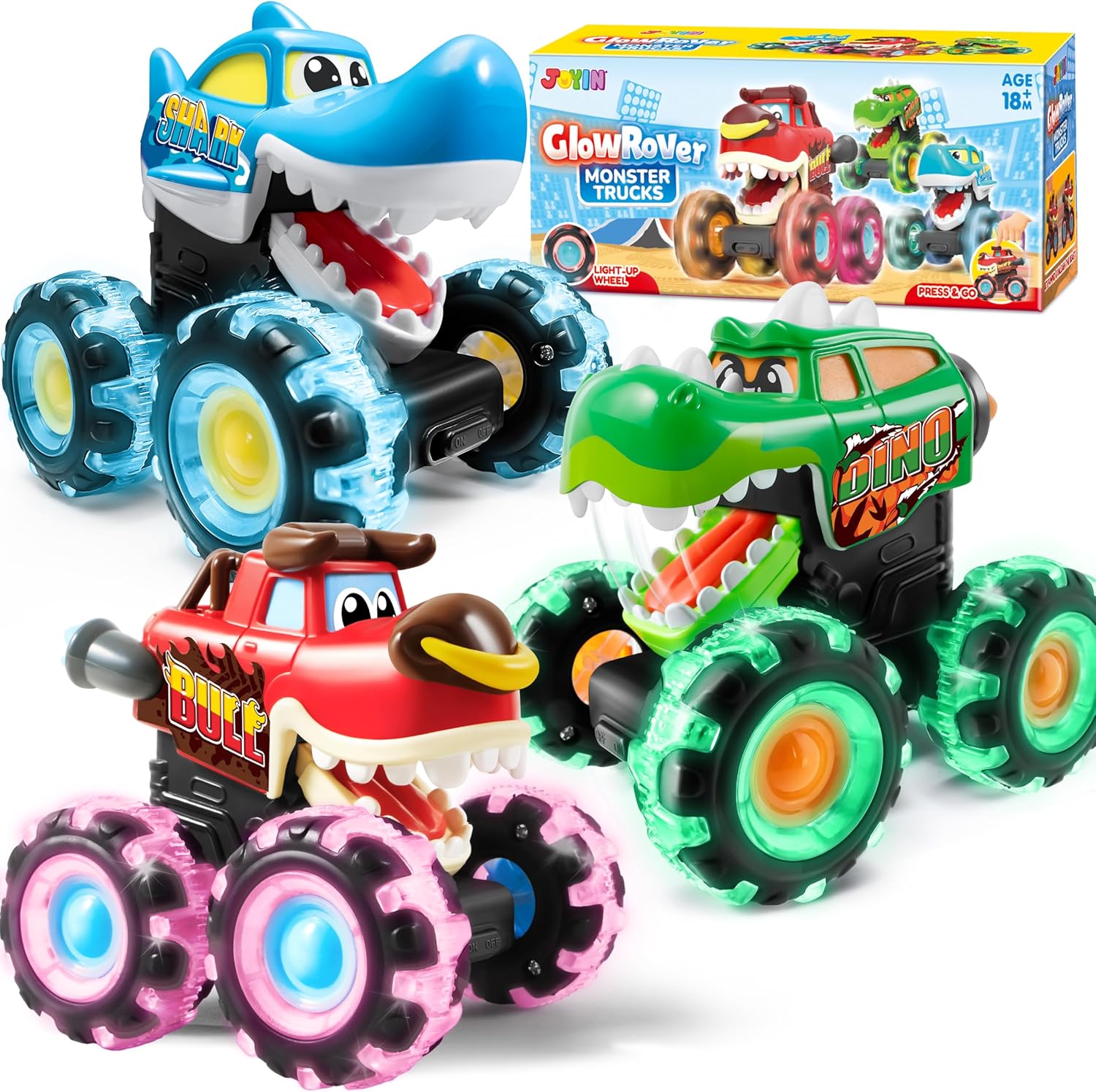 3 Pack Monster Truck Toy - Motion Activated Light-Up Cars for Toddlers